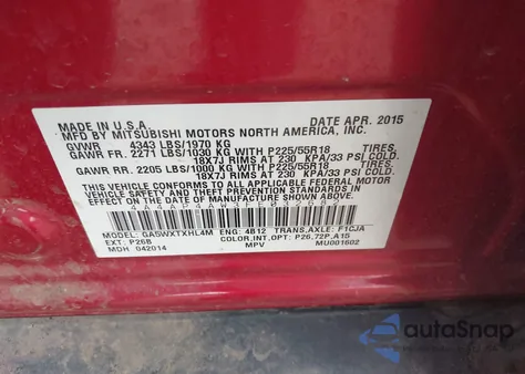 2015 Mitsubishi Outlander Sport Gt из США, поврежденный, VIN 4A4AP4AW3FE032682